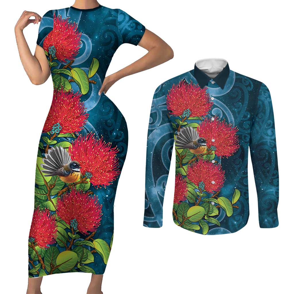 New Zealand Matariki Piwakawaka Couples Matching Short Sleeve Bodycon Dress and Long Sleeve Button Shirt Maori Koru With Pohutukawa Flowers LT05 Dark Teal - Polynesian Pride