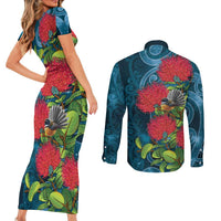 New Zealand Matariki Piwakawaka Couples Matching Short Sleeve Bodycon Dress and Long Sleeve Button Shirt Maori Koru With Pohutukawa Flowers