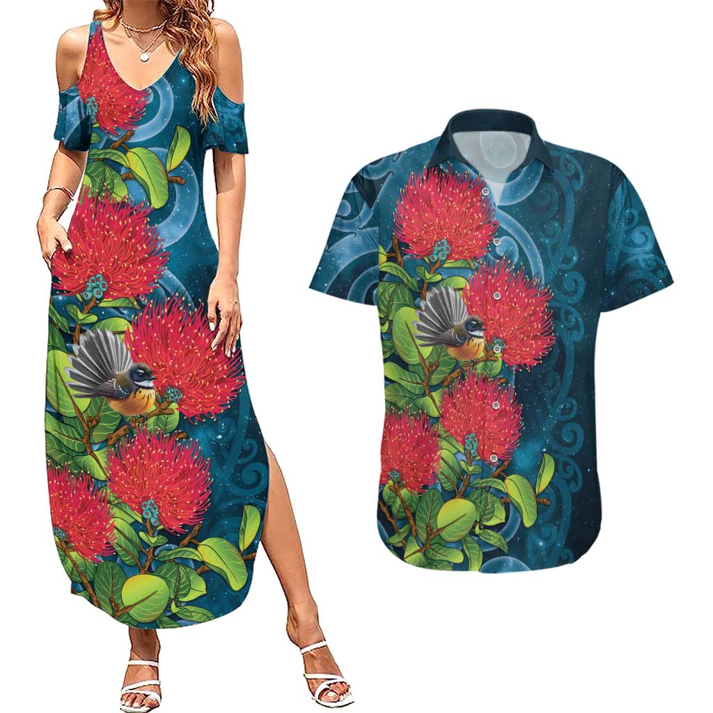 New Zealand Matariki Piwakawaka Couples Matching Summer Maxi Dress and Hawaiian Shirt Maori Koru With Pohutukawa Flowers