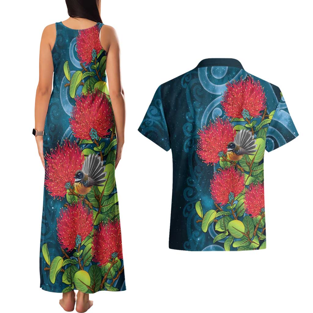 New Zealand Matariki Piwakawaka Couples Matching Tank Maxi Dress and Hawaiian Shirt Maori Koru With Pohutukawa Flowers