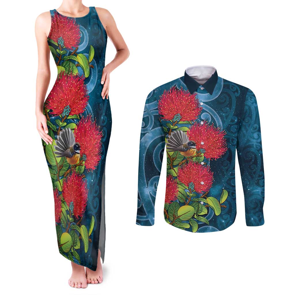 New Zealand Matariki Piwakawaka Couples Matching Tank Maxi Dress and Long Sleeve Button Shirt Maori Koru With Pohutukawa Flowers LT05 Dark Teal - Polynesian Pride