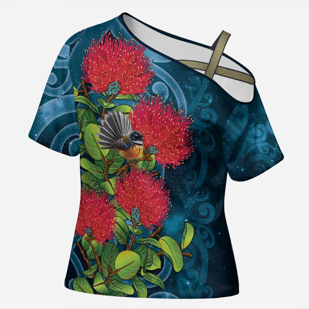 New Zealand Matariki Piwakawaka Cross Shoulder Shirt Maori Koru With Pohutukawa Flowers LT05 Female Dark Teal - Polynesian Pride