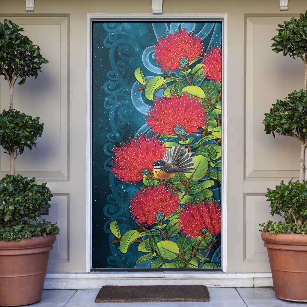 New Zealand Matariki Piwakawaka Door Cover Maori Koru With Pohutukawa Flowers