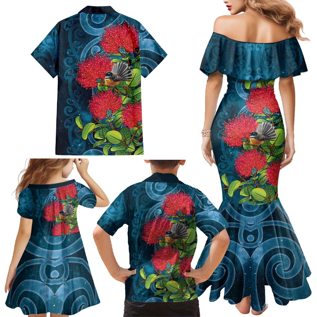 New Zealand Matariki Piwakawaka Family Matching Mermaid Dress and Hawaiian Shirt Maori Koru With Pohutukawa Flowers
