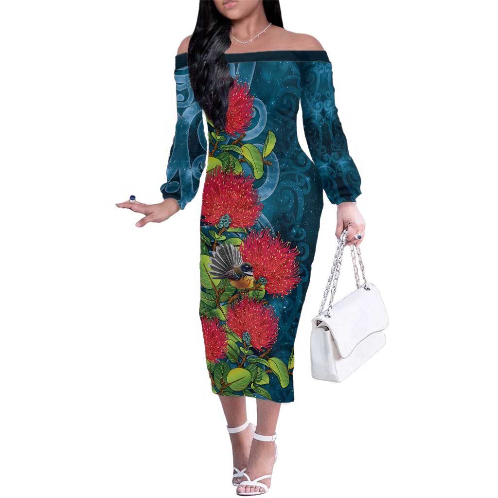 New Zealand Matariki Piwakawaka Family Matching Off The Shoulder Long Sleeve Dress and Hawaiian Shirt Maori Koru With Pohutukawa Flowers