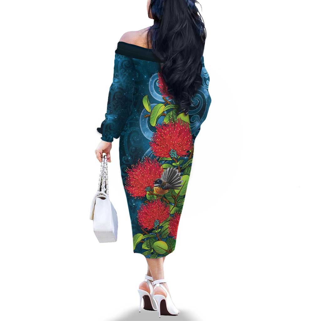 New Zealand Matariki Piwakawaka Family Matching Off The Shoulder Long Sleeve Dress and Hawaiian Shirt Maori Koru With Pohutukawa Flowers