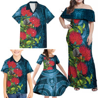 New Zealand Matariki Piwakawaka Family Matching Off Shoulder Maxi Dress and Hawaiian Shirt Maori Koru With Pohutukawa Flowers