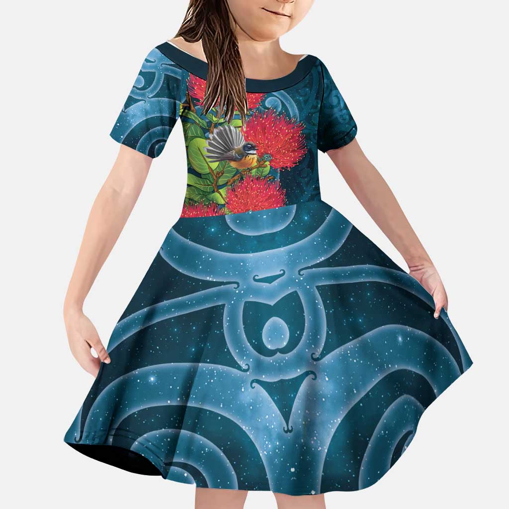New Zealand Matariki Piwakawaka Family Matching Off Shoulder Short Dress and Hawaiian Shirt Maori Koru With Pohutukawa Flowers