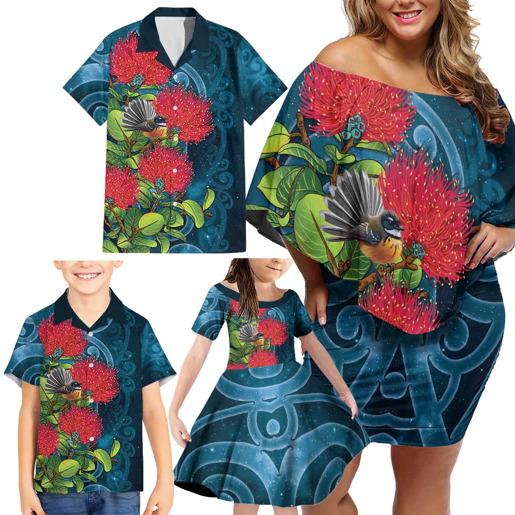 New Zealand Matariki Piwakawaka Family Matching Off Shoulder Short Dress and Hawaiian Shirt Maori Koru With Pohutukawa Flowers LT05 - Polynesian Pride