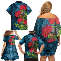 New Zealand Matariki Piwakawaka Family Matching Off Shoulder Short Dress and Hawaiian Shirt Maori Koru With Pohutukawa Flowers