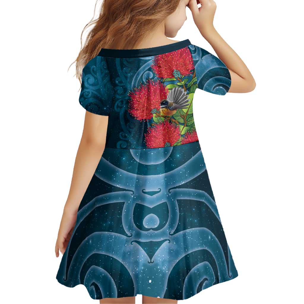 New Zealand Matariki Piwakawaka Family Matching Short Sleeve Bodycon Dress and Hawaiian Shirt Maori Koru With Pohutukawa Flowers