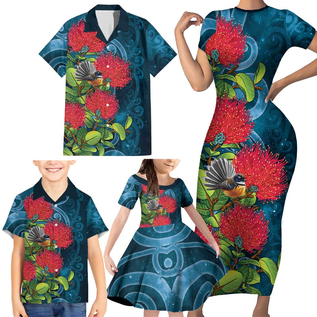 New Zealand Matariki Piwakawaka Family Matching Short Sleeve Bodycon Dress and Hawaiian Shirt Maori Koru With Pohutukawa Flowers
