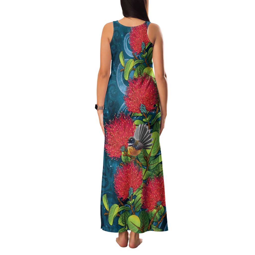 New Zealand Matariki Piwakawaka Family Matching Tank Maxi Dress and Hawaiian Shirt Maori Koru With Pohutukawa Flowers