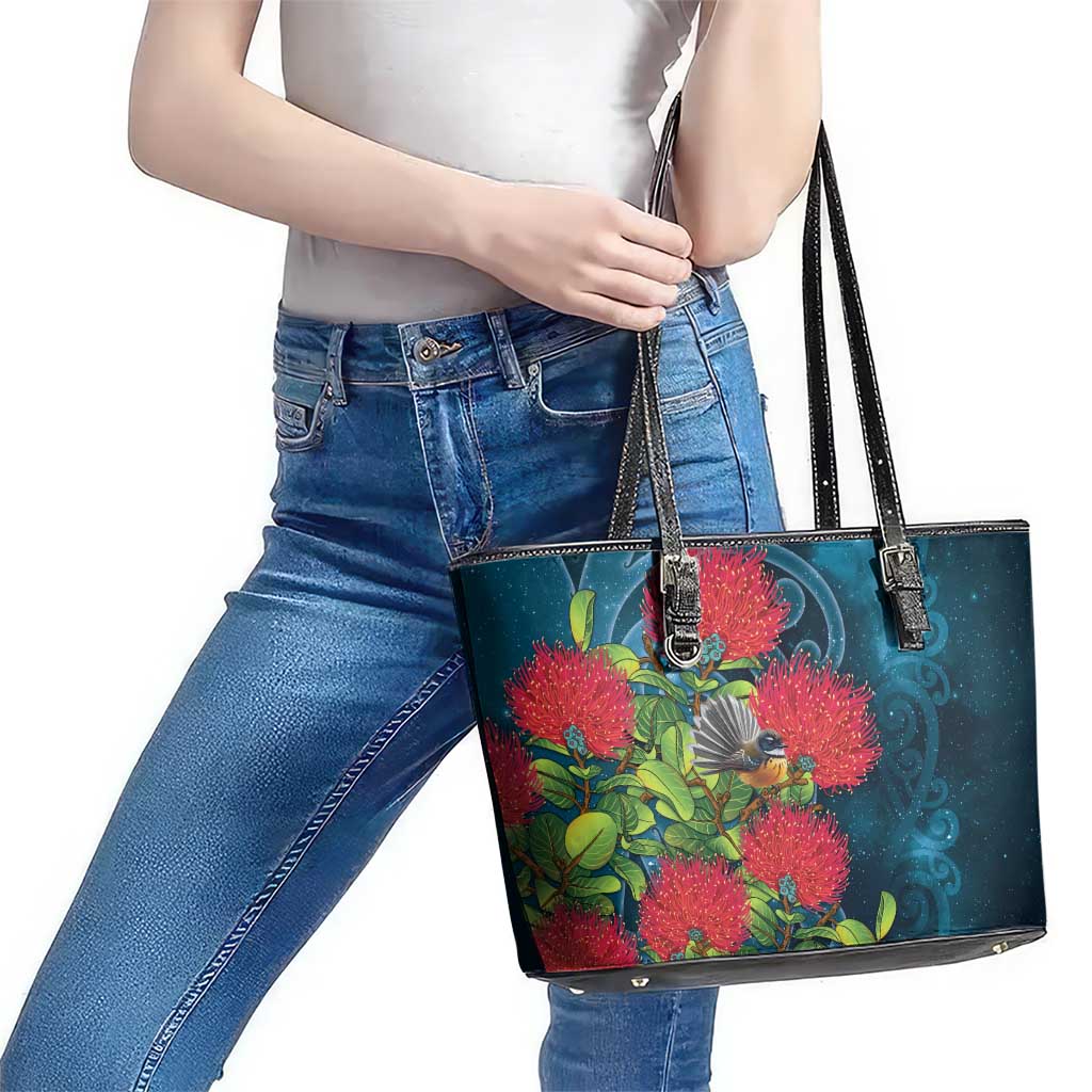 New Zealand Matariki Piwakawaka Leather Tote Bag Maori Koru With Pohutukawa Flowers