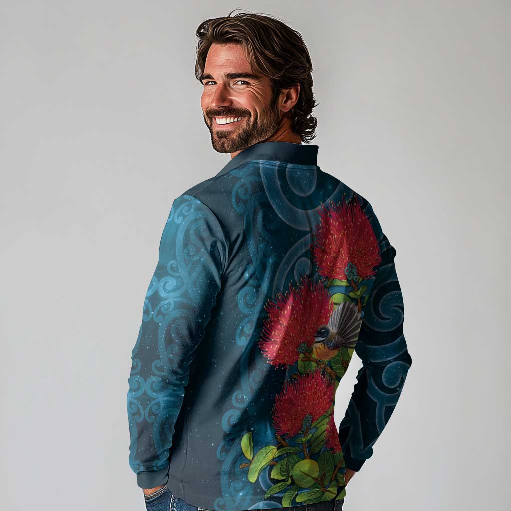 New Zealand Matariki Piwakawaka Long Sleeve Polo Shirt Maori Koru With Pohutukawa Flowers
