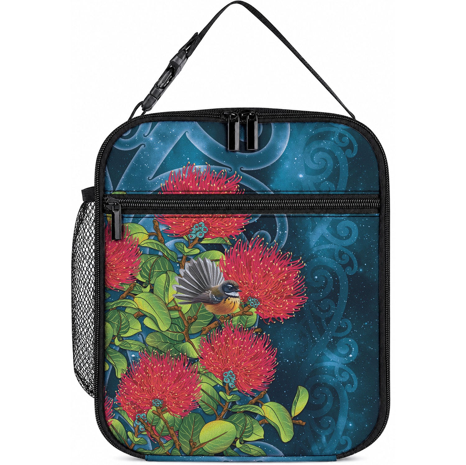 New Zealand Matariki Piwakawaka Lunch Bag Maori Koru With Pohutukawa Flowers LT05 10.2 × 8.3 × 4.3 inch Dark Teal - Polynesian Pride