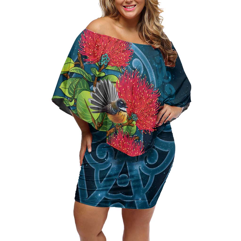 New Zealand Matariki Piwakawaka Off Shoulder Short Dress Maori Koru With Pohutukawa Flowers