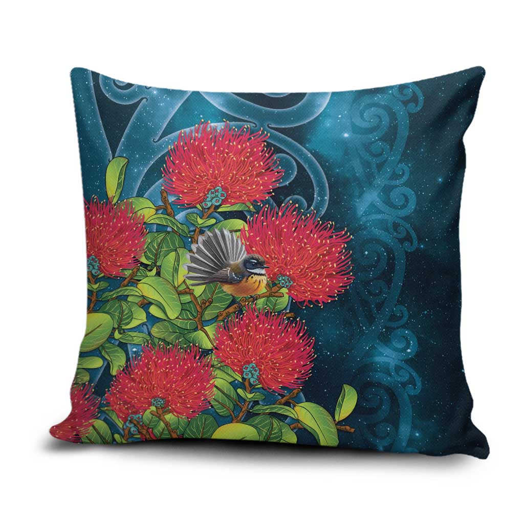 New Zealand Matariki Piwakawaka Pillow Cover Maori Koru With Pohutukawa Flowers LT05 Dark Teal - Polynesian Pride