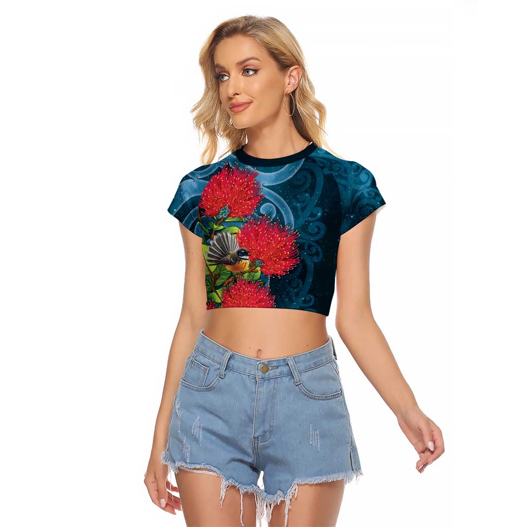 New Zealand Matariki Piwakawaka Raglan Cropped T Shirt Maori Koru With Pohutukawa Flowers LT05 Female Dark Teal - Polynesian Pride