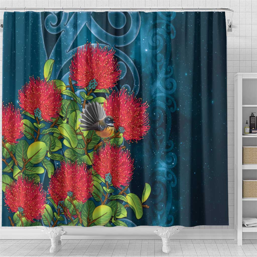 New Zealand Matariki Piwakawaka Shower Curtain Maori Koru With Pohutukawa Flowers