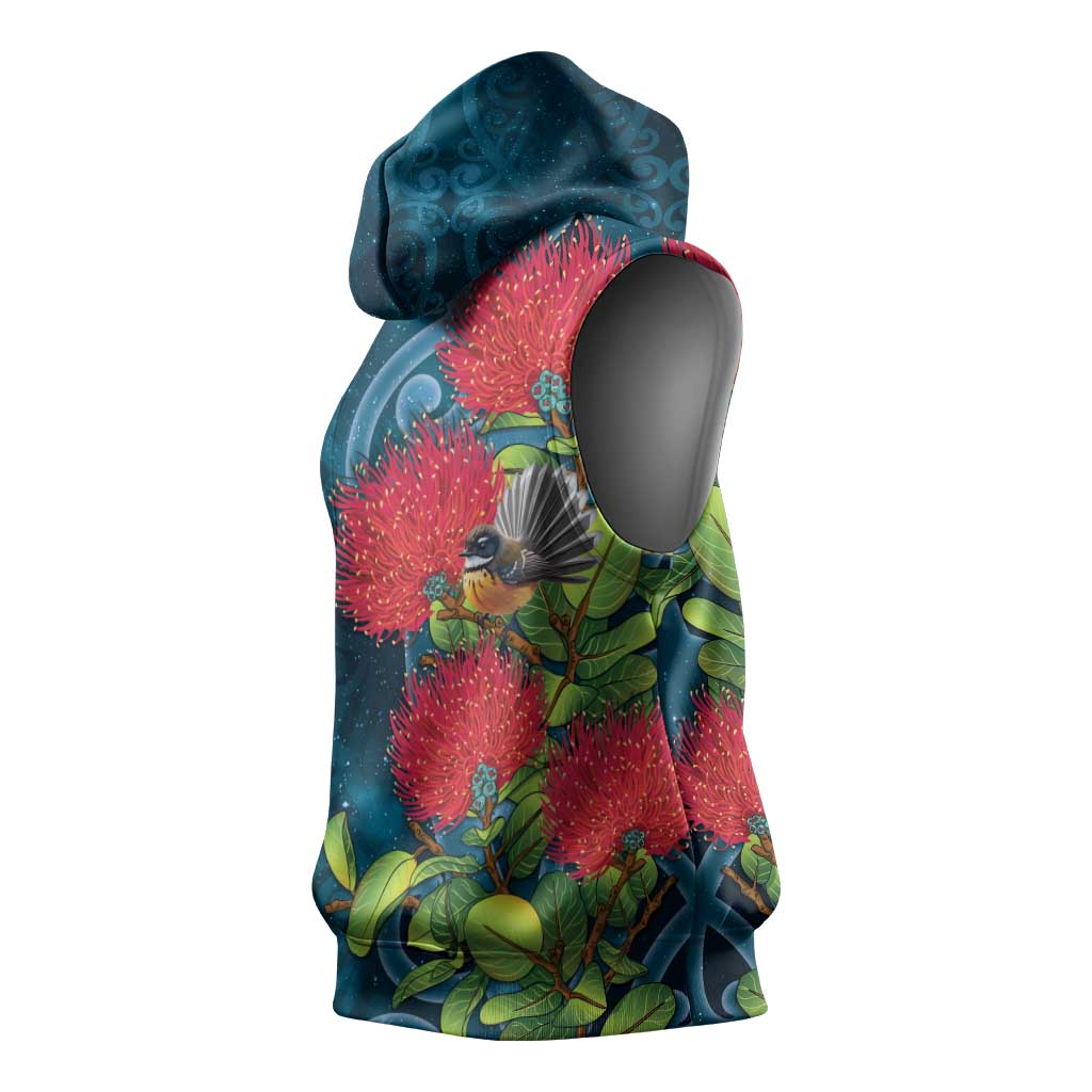 New Zealand Matariki Piwakawaka Sleeveless Hoodie Maori Koru With Pohutukawa Flowers