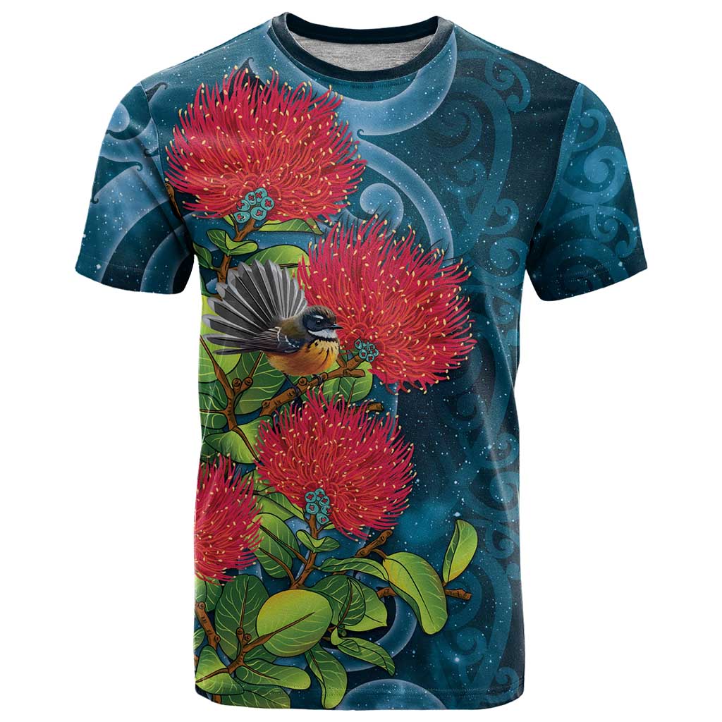 New Zealand Matariki Piwakawaka T Shirt Maori Koru With Pohutukawa Flowers LT05 Dark Teal - Polynesian Pride