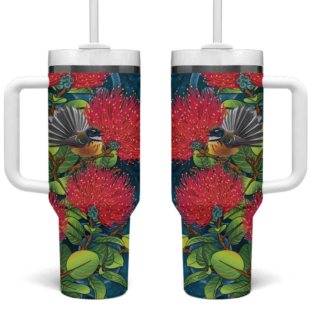 New Zealand Matariki Piwakawaka Tumbler With Handle Maori Koru With Pohutukawa Flowers LT05 One Size: 40 oz Dark Teal - Polynesian Pride