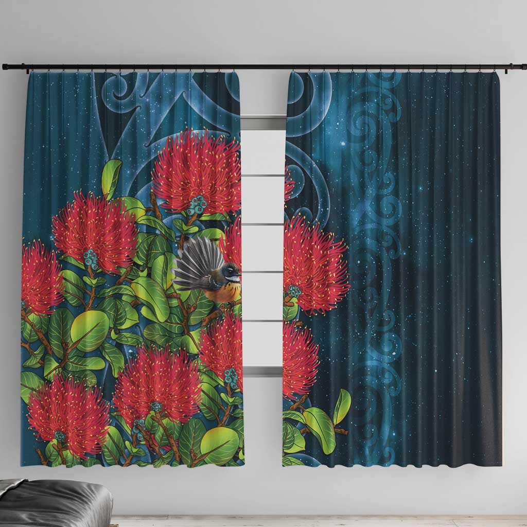 New Zealand Matariki Piwakawaka Window Curtain Maori Koru With Pohutukawa Flowers LT05 With Hooks Dark Teal - Polynesian Pride