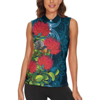 New Zealand Matariki Piwakawaka Women Sleeveless Polo Shirt Maori Koru With Pohutukawa Flowers