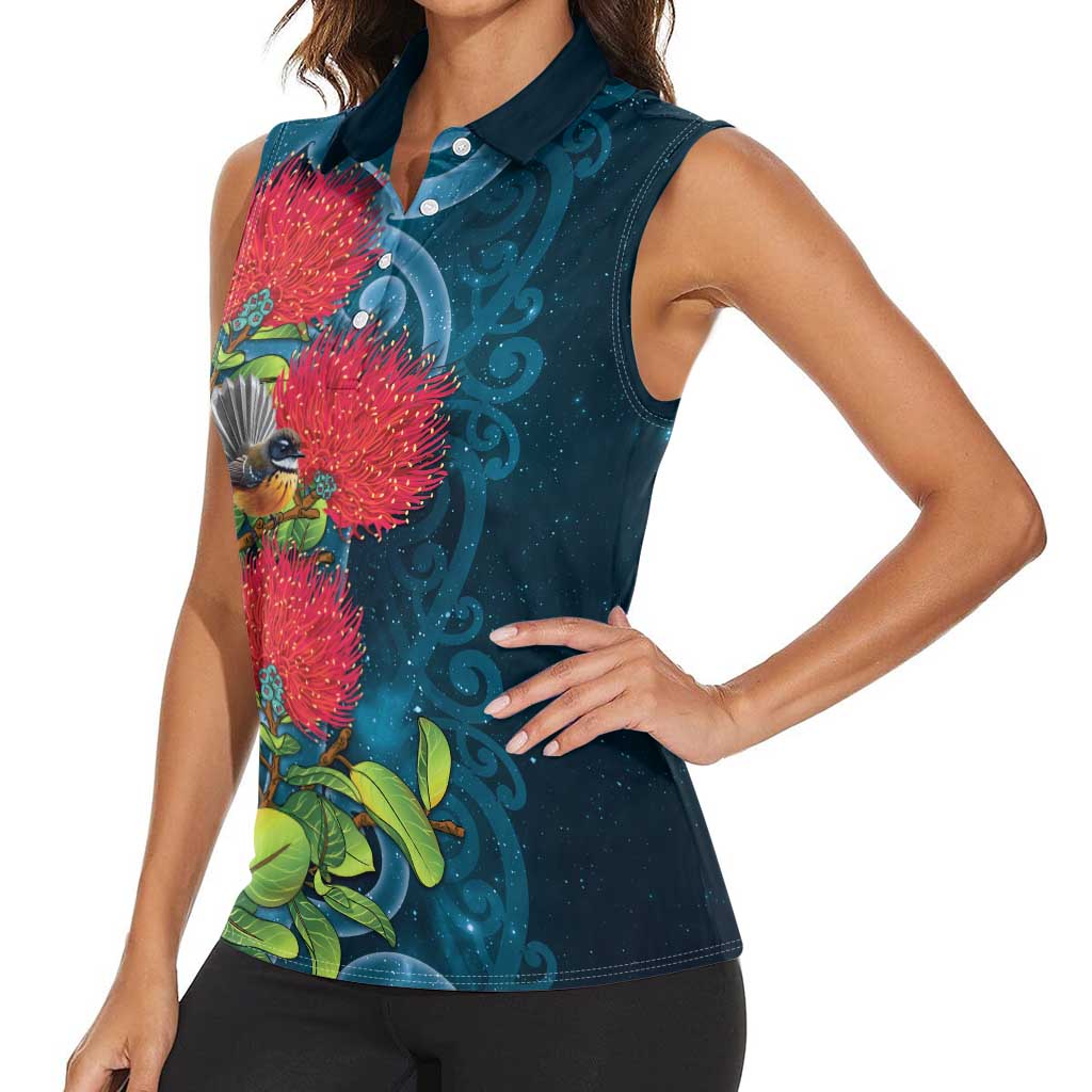 New Zealand Matariki Piwakawaka Women Sleeveless Polo Shirt Maori Koru With Pohutukawa Flowers