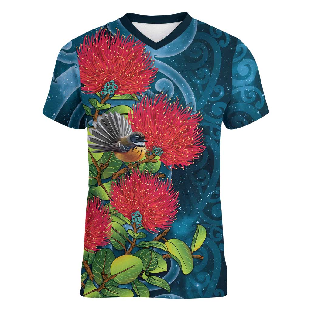 New Zealand Matariki Piwakawaka Women V-Neck T-Shirt Maori Koru With Pohutukawa Flowers LT05 Female Dark Teal - Polynesian Pride