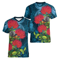 New Zealand Matariki Piwakawaka Women V-Neck T-Shirt Maori Koru With Pohutukawa Flowers
