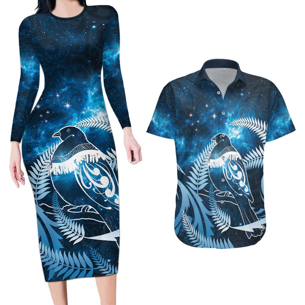 New Zealand Matariki Couples Matching Long Sleeve Bodycon Dress and Hawaiian Shirt Pigeon Kereru Maori Fern Art