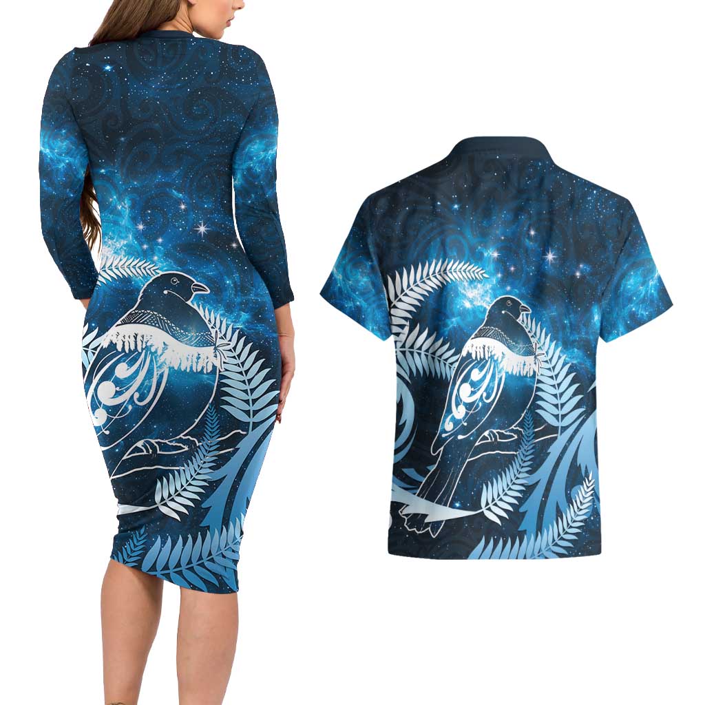 New Zealand Matariki Couples Matching Long Sleeve Bodycon Dress and Hawaiian Shirt Pigeon Kereru Maori Fern Art
