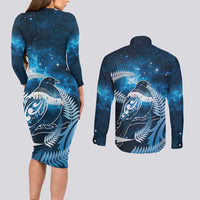 New Zealand Matariki Couples Matching Long Sleeve Bodycon Dress and Long Sleeve Button Shirt Pigeon Kereru Maori Fern Art