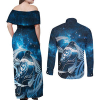 New Zealand Matariki Couples Matching Off Shoulder Maxi Dress and Long Sleeve Button Shirt Pigeon Kereru Maori Fern Art