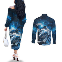 New Zealand Matariki Couples Matching Off The Shoulder Long Sleeve Dress and Long Sleeve Button Shirt Pigeon Kereru Maori Fern Art