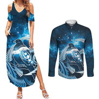 New Zealand Matariki Couples Matching Summer Maxi Dress and Long Sleeve Button Shirt Pigeon Kereru Maori Fern Art