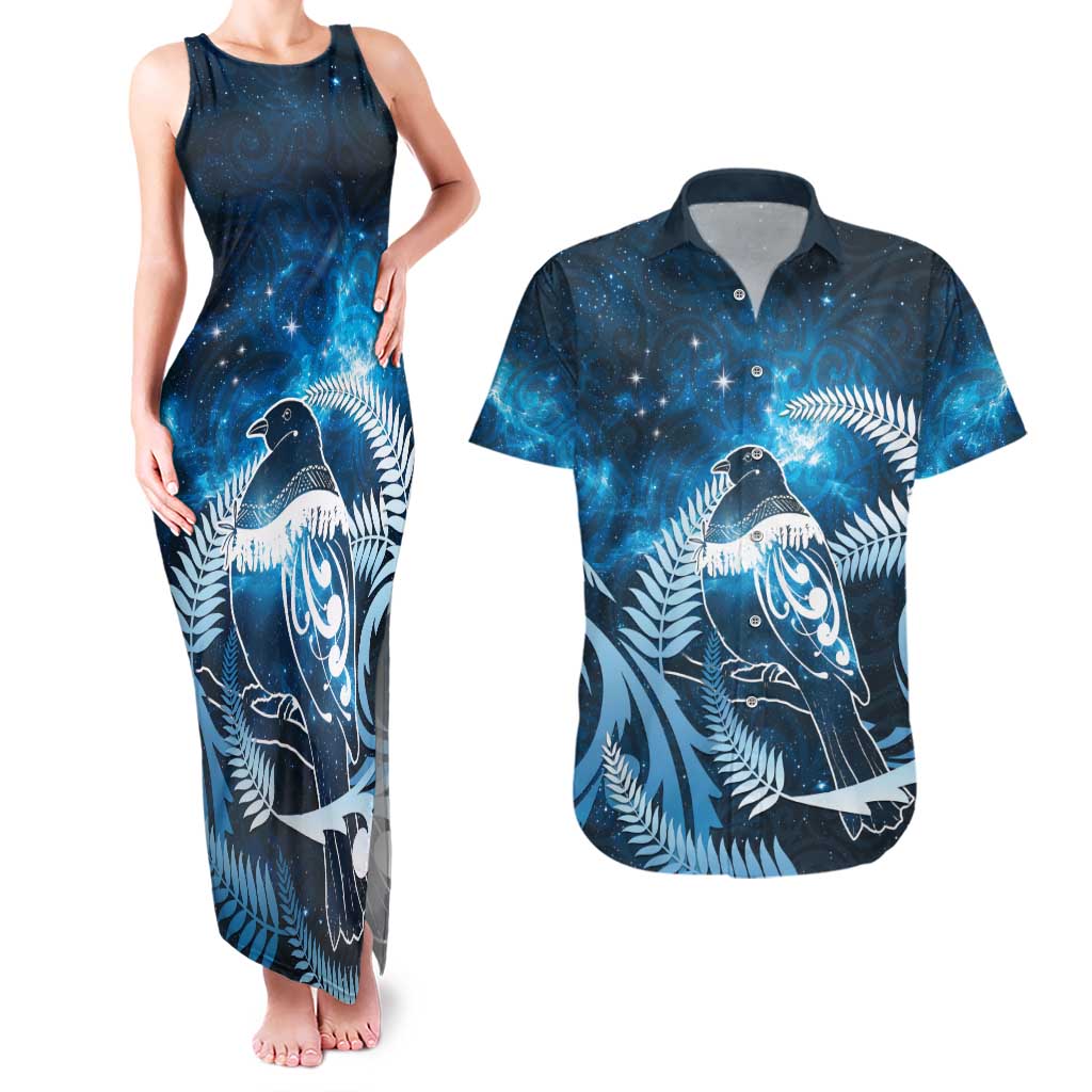 New Zealand Matariki Couples Matching Tank Maxi Dress and Hawaiian Shirt Pigeon Kereru Maori Fern Art LT05 Blue - Polynesian Pride