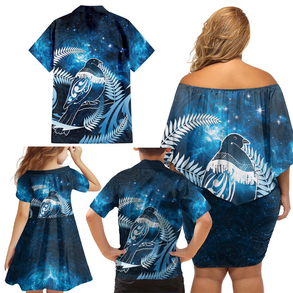 New Zealand Matariki Family Matching Off Shoulder Short Dress and Hawaiian Shirt Pigeon Kereru Maori Fern Art