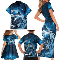 New Zealand Matariki Family Matching Short Sleeve Bodycon Dress and Hawaiian Shirt Pigeon Kereru Maori Fern Art