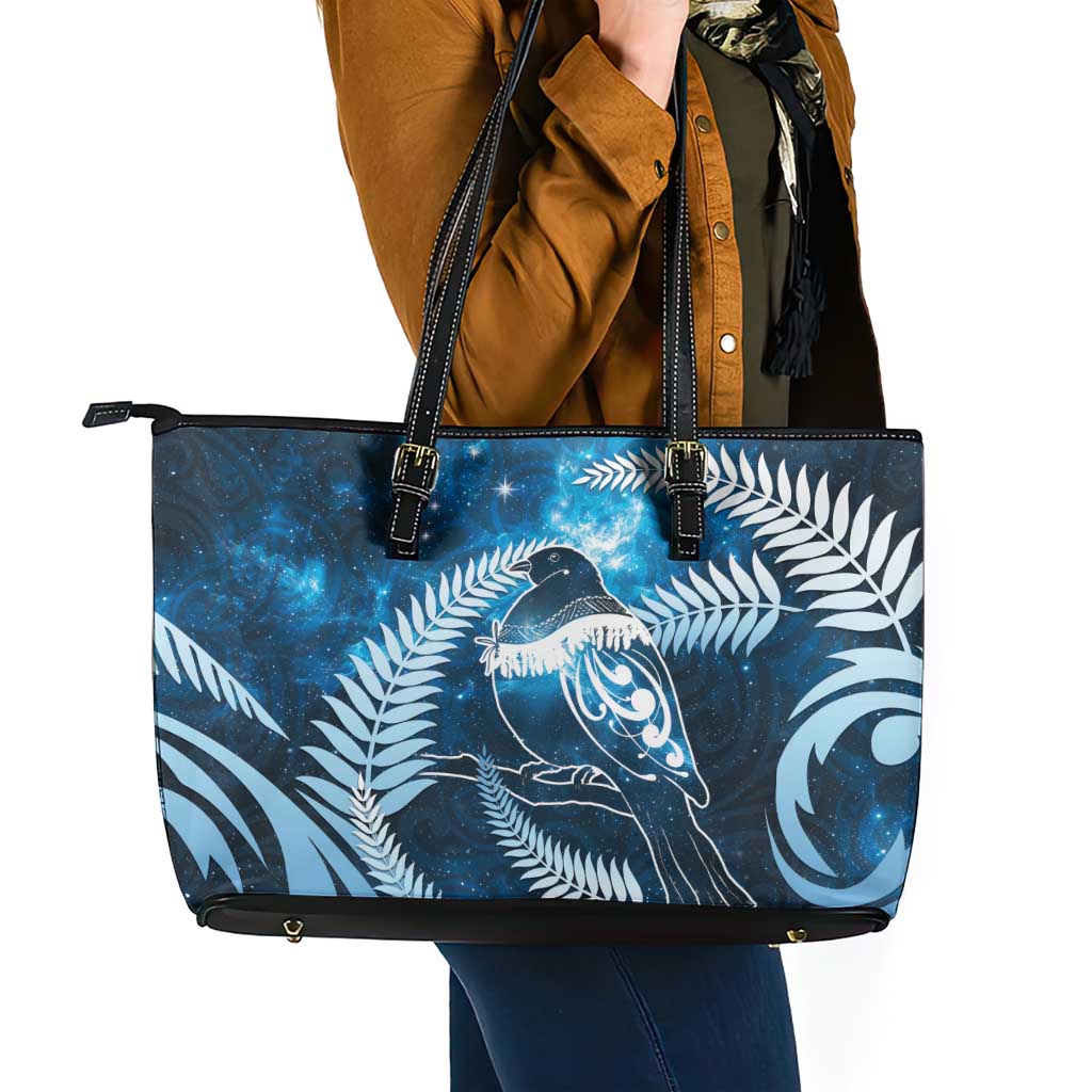 New Zealand Matariki Leather Tote Bag Pigeon Kereru Maori Fern Art
