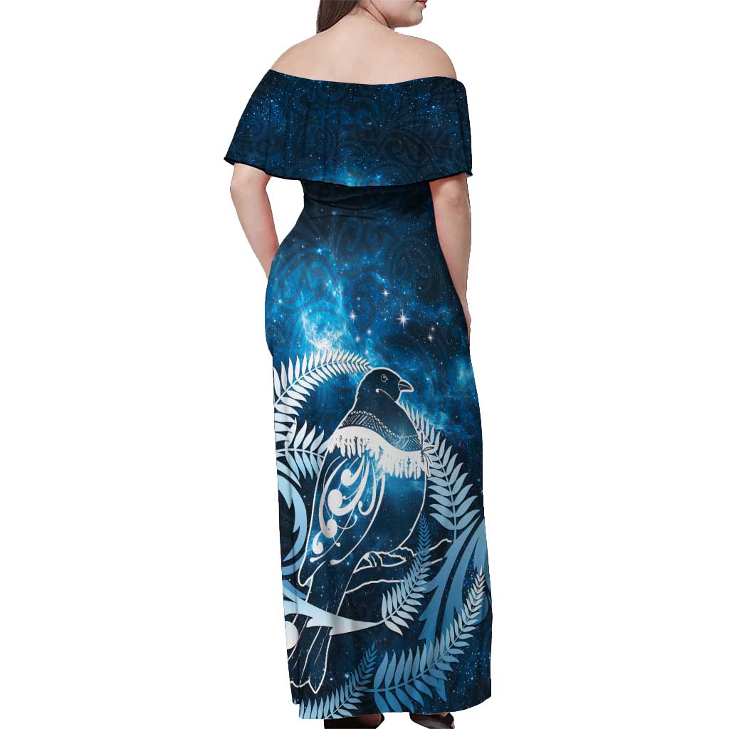 New Zealand Matariki Off Shoulder Maxi Dress Pigeon Kereru Maori Fern Art