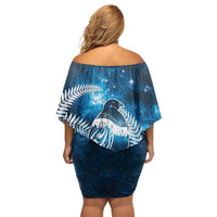 New Zealand Matariki Off Shoulder Short Dress Pigeon Kereru Maori Fern Art