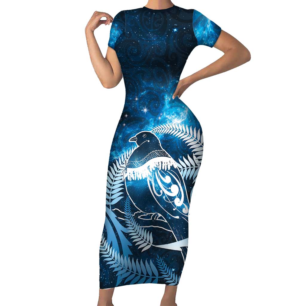 New Zealand Matariki Short Sleeve Bodycon Dress Pigeon Kereru Maori Fern Art LT05 Long Dress Blue - Polynesian Pride
