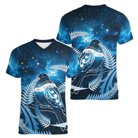 New Zealand Matariki Women V-Neck T-Shirt Pigeon Kereru Maori Fern Art