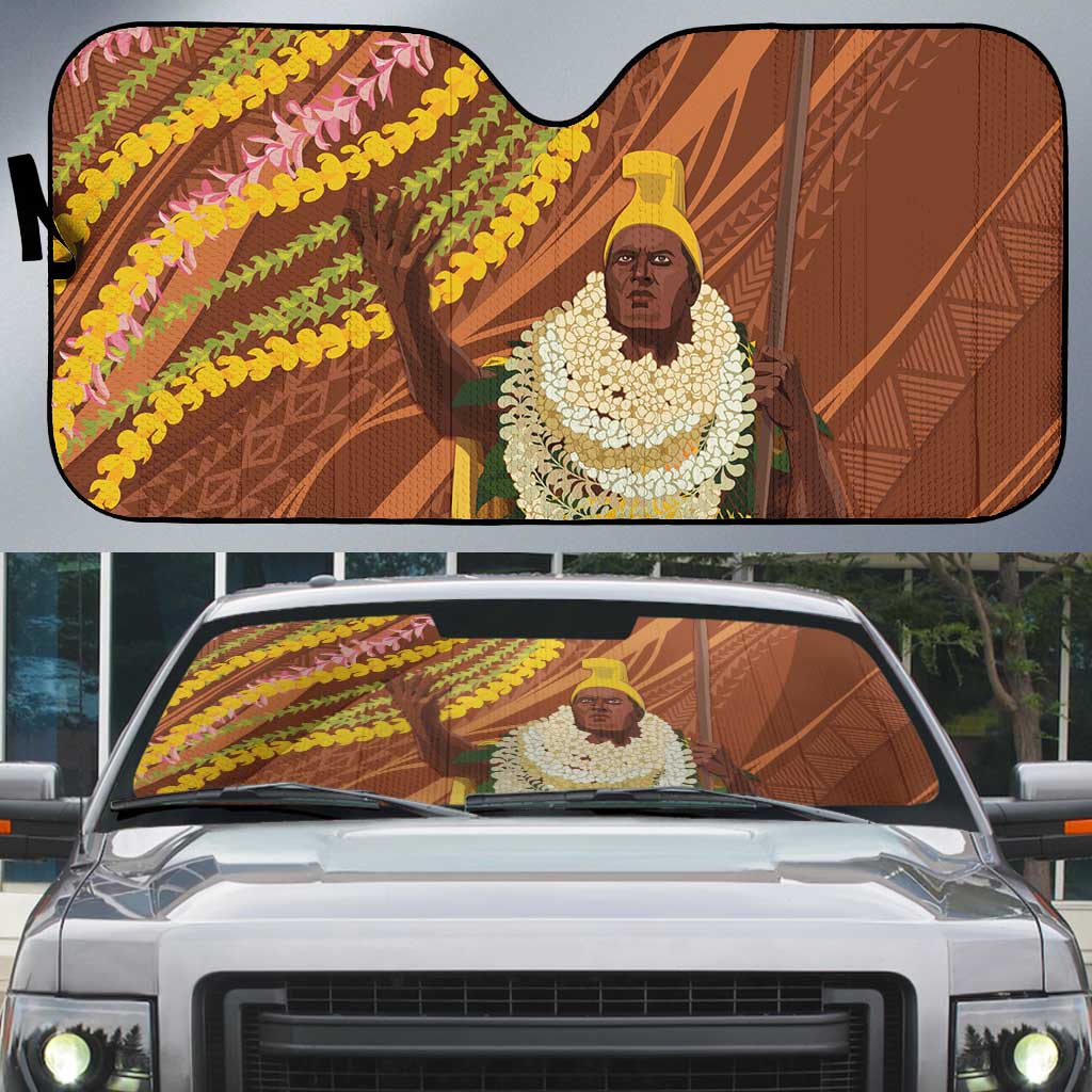 Hawaii King Kamehameha Auto Sun Shade Hawaiian Kakau Pattern With Leis LT05 Brown - Polynesian Pride