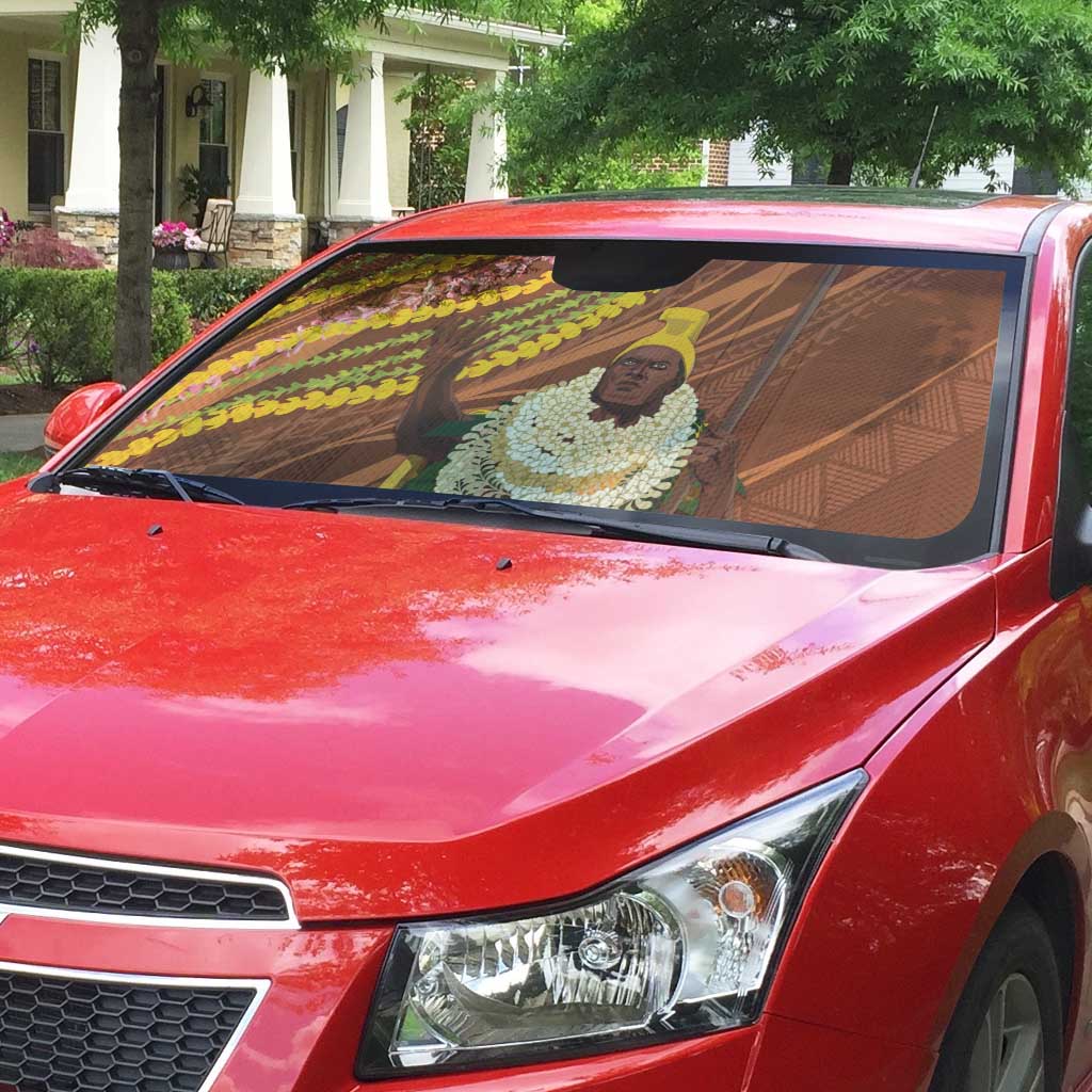 Hawaii King Kamehameha Auto Sun Shade Hawaiian Kakau Pattern With Leis LT05 - Polynesian Pride