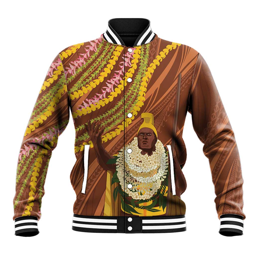 Hawaii King Kamehameha Baseball Jacket Hawaiian Kakau Pattern With Leis LT05 Unisex Brown - Polynesian Pride