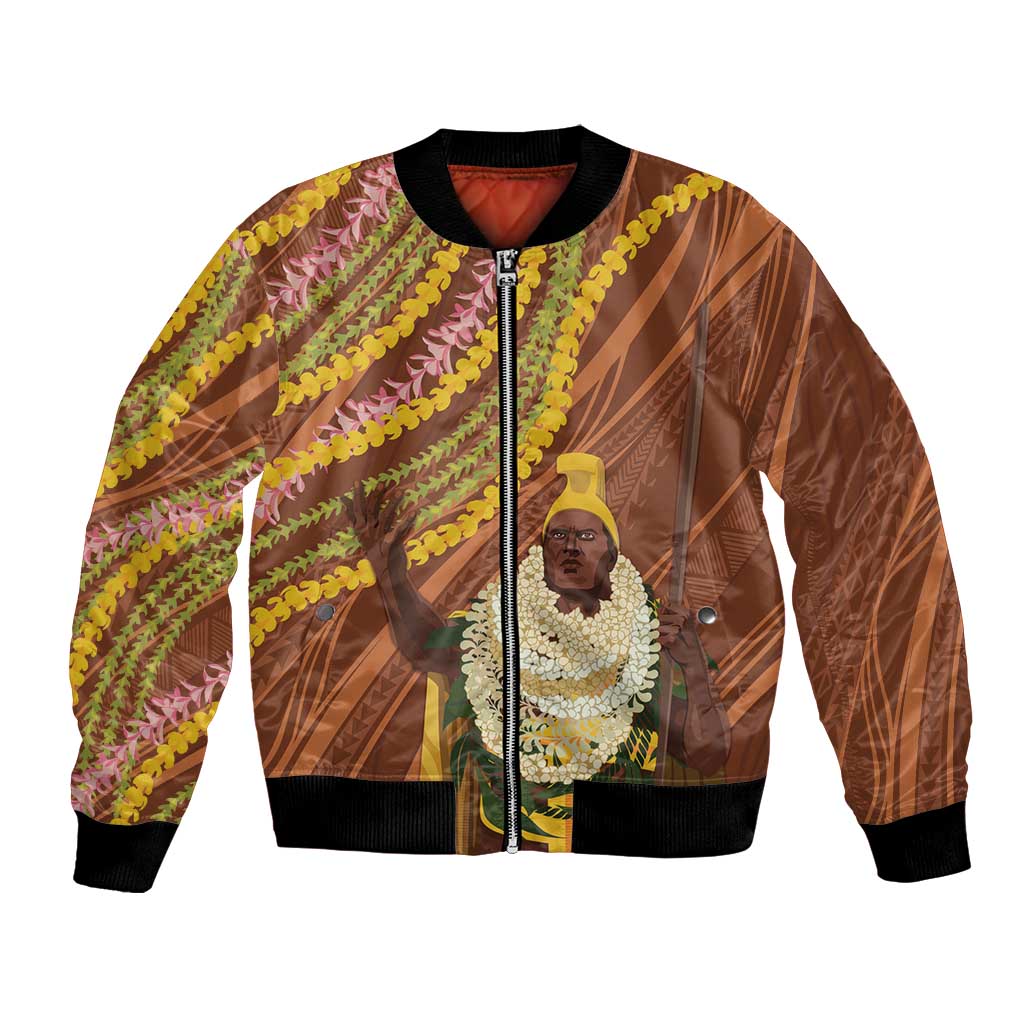 Hawaii King Kamehameha Bomber Jacket Hawaiian Kakau Pattern With Leis LT05 Unisex Brown - Polynesian Pride